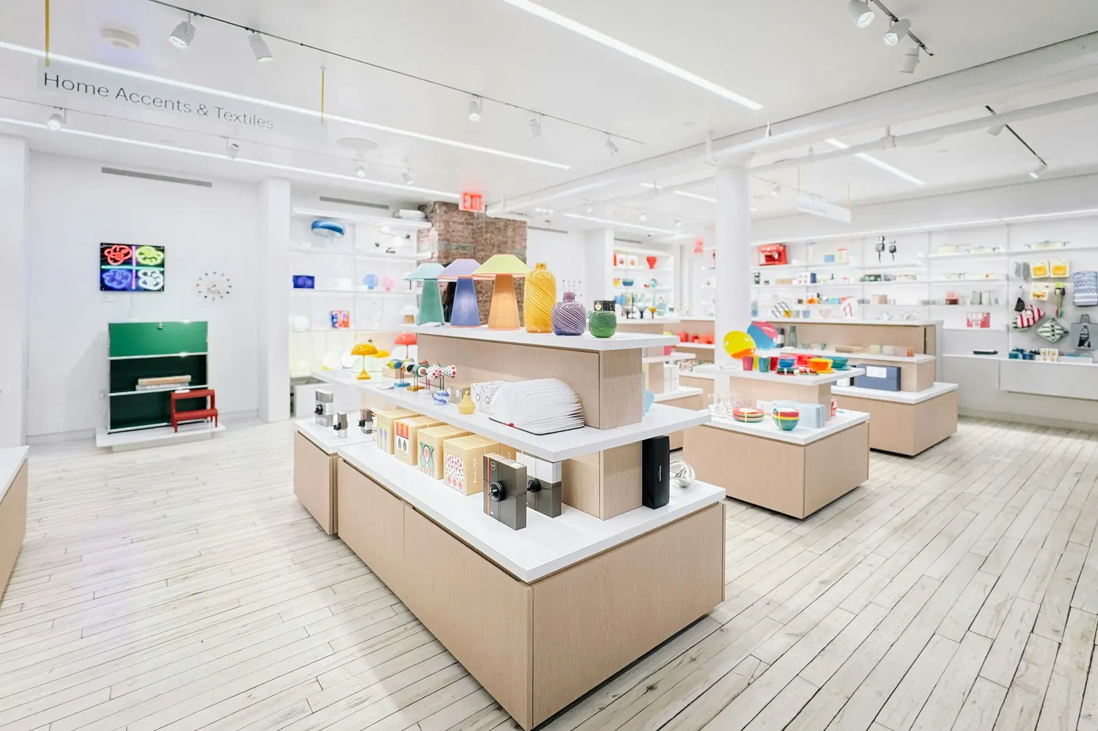 A bright store interior with display shelves